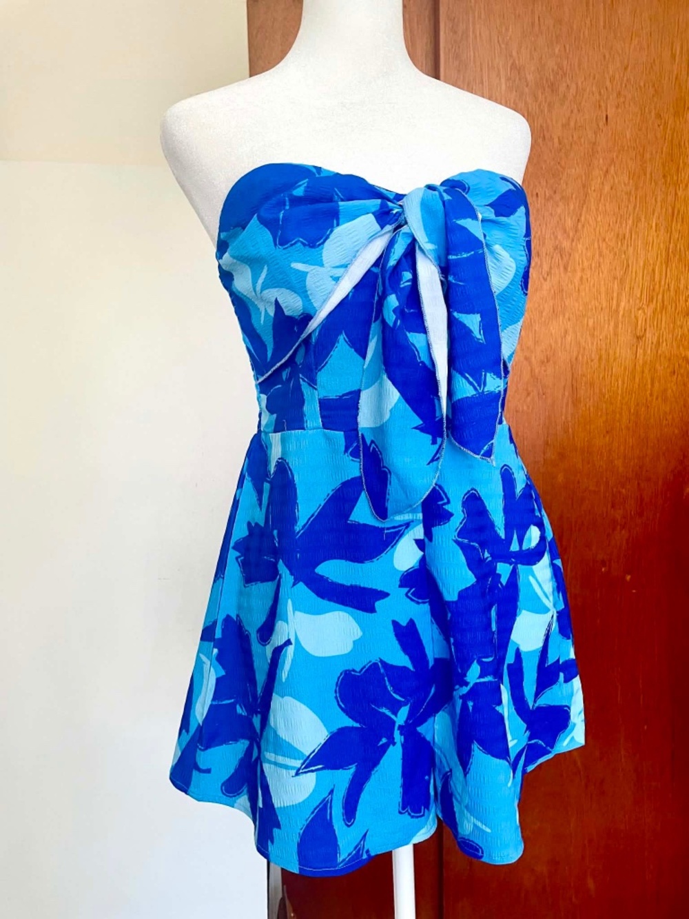 Blue Tropical Hawaiian Print Strapless Romper Tie Front Shorts M